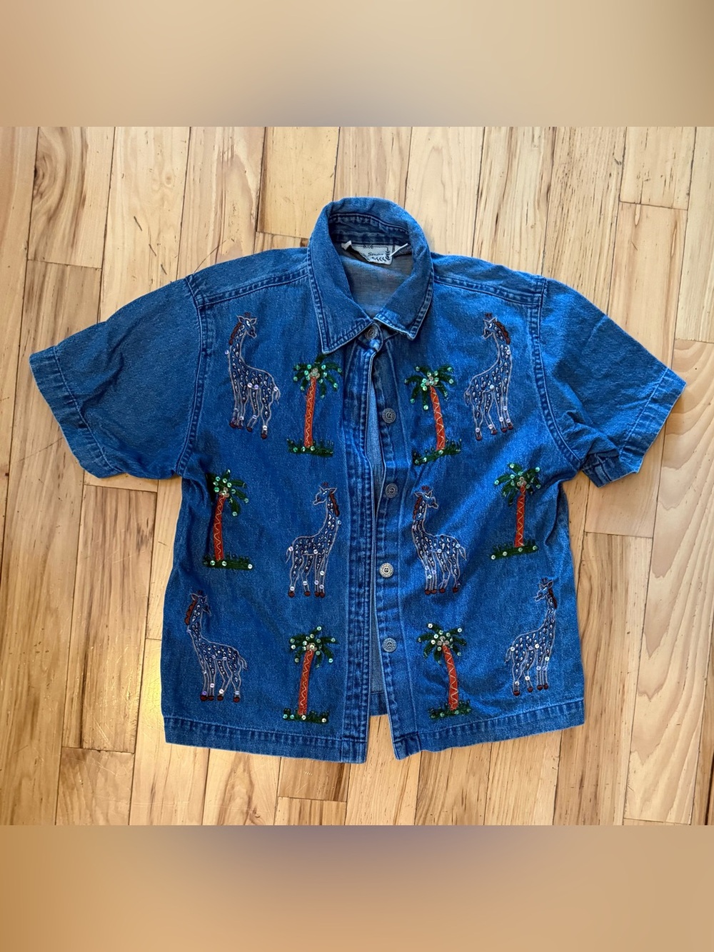 Sara Studio Vintage Beaded Embroidered Denim Shirt Top Giraffe Palm Trees Size S
